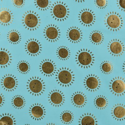 Tissu Jersey Coton Soleils dorés sur fond Bleu turquoise - Par 10 cm