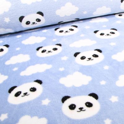 Tissu Doudou Panda étoiles sur fond Bleu ciel - Par 10 cm