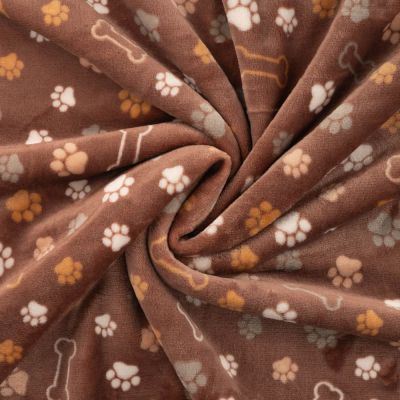 Tissu Doudou imprimé Patte de chien et os sur fond Marron - Par 10 cm