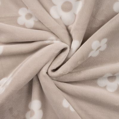 Tissu Doudou imprimé Fleurs blanches sur fond Beige - Par 10 cm