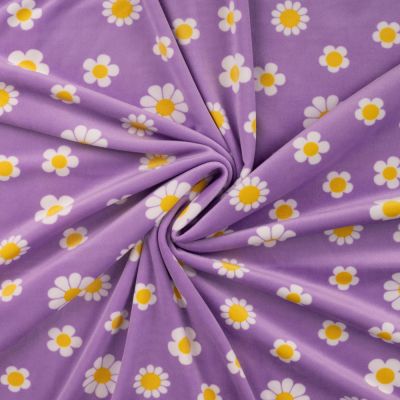 Tissu Minky Ultra doux Ras Marguerites sur fond Parme - Par 10 cm