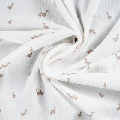 Tissu Double gaze de Coton Canards sur fond Blanc cassé - Par 10 cm