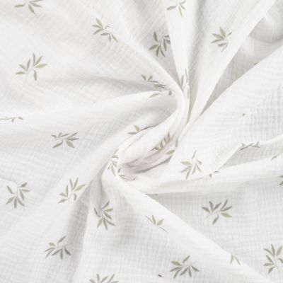 Tissu Double gaze de Coton Feuillages sur fond Blanc cassé - Par 10 cm