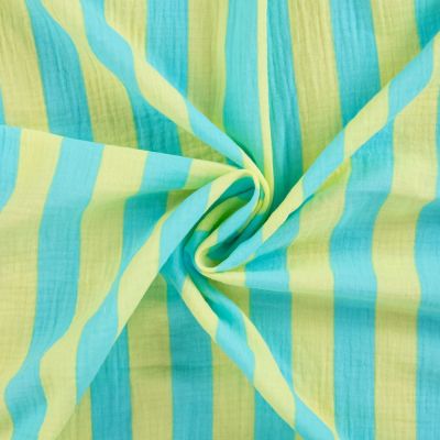 Tissu Double gaze de Coton Rayé Bleu turquoise sur fond Vert anis - Par 10 cm