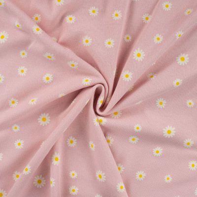 Tissu Jersey Nid d&#039;abeille imprimé Marguerites sur fond Rose bébé - Par 10 cm
