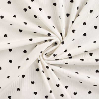 Tissu Jersey Coton Bord côte Coeurs noirs sur fond Ecru - Par 10 cm