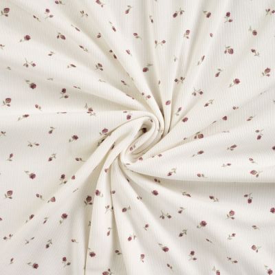 Tissu Jersey Coton Bord côte Petites roses sur fond Blanc cassé - Par 10 cm