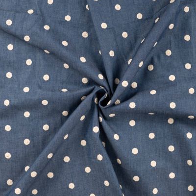 Tissu Chambray Coton Pois brodés blancs sur fond Bleu jean - Par 10 cm