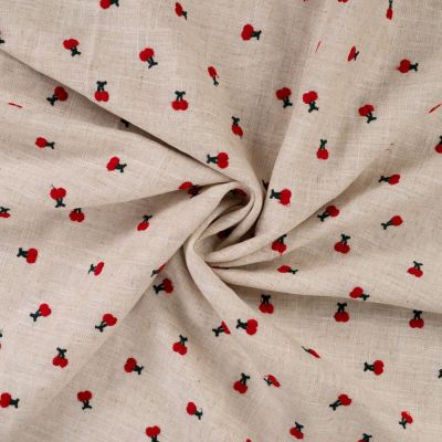Tissu Lin Viscose Cerises brodées sur fond Beige chiné - Par 10 cm