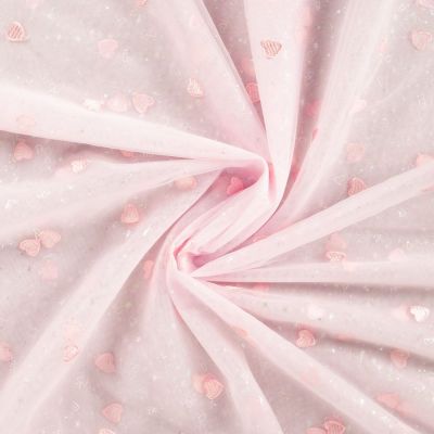 Tissu Tulle souple Célestine cœur Rose brodés sur fond Rose bébé - Par 10 cm