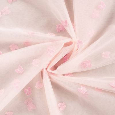 Tissu Tulle souple Alizée papillons Roses brodés sur fond Rose bébé - Par 10 cm