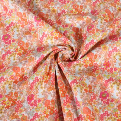 Tissu Voile de Coton digital Petites fleurs tons orange sur fond Blanc - Par 10 cm