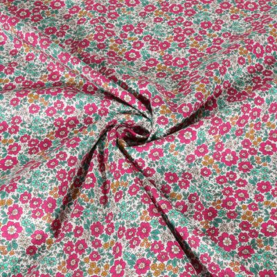 Tissu Voile de Coton digital Petites fleurs Fuschia et vert sur fond Blanc - Par 10 cm