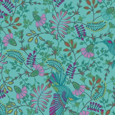 Tissu Toile de Coton digital Colibris sur fond Bleu turquoise - Par 10 cm