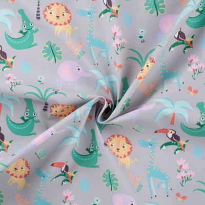 Tissu Imperméable Animaux Jungle sur fond Gris - Par 10 cm