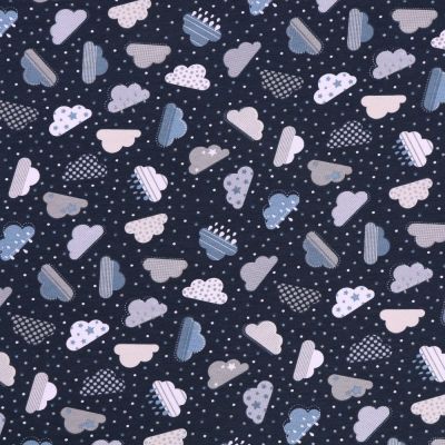 Tissu Jersey Coton Nuages Taupe et bleus sur fond Bleu marine - Par 10 cm