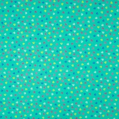 Tissu Jersey Coton Coeurs multicolores sur fond Menthe - Par 10 cm
