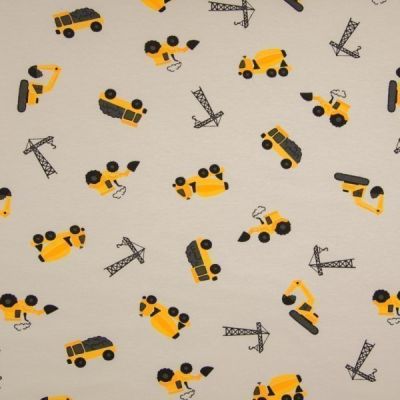 Tissu Jersey Coton imprimé Engins de chantier jaunes sur fond Beige sable - Par 10 cm