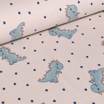 Tissu Jersey Coton Baby Dino sur fond Blanc cassé - Par 10 cm