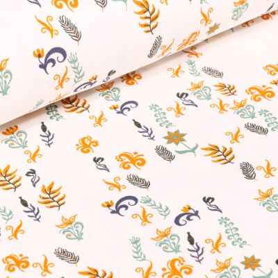 Tissu Jersey Coton Petites fleurs et feuilles sur fond Blanc cassé - Par 10 cm
