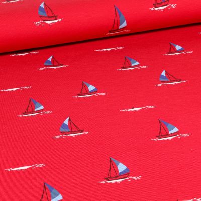 Tissu Jersey Coton Voilier bleu blanc rouge sur fond Rouge - Par 10 cm