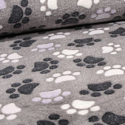 Tissu Doudou Patoune sur fond Gris - Par 10 cm