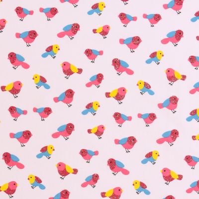 Tissu Jersey Coton Oiseaux Bleus et roses sur fond Blanc - Par 10 cm