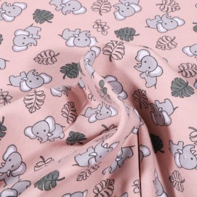 Tissu Jersey Coton Bio Eléphanteau et feuilles sur fond Rose - Par 10 cm