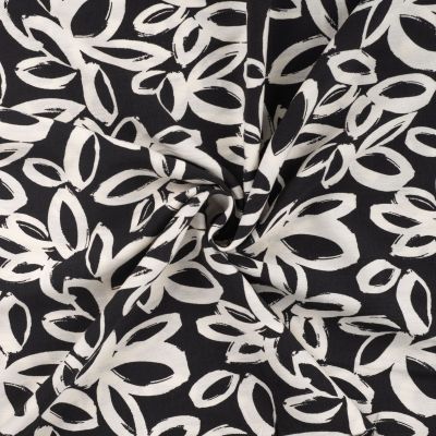 Tissu Viscose texturé Fleuris blanc sur fond Noir - Par 10 cm