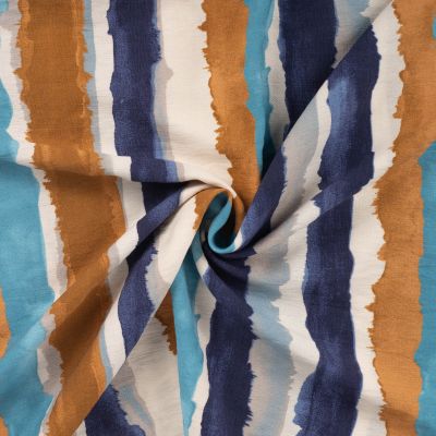 Tissu Viscose texturé Rayé bleu et ocre sur fond Blanc - Par 10 cm