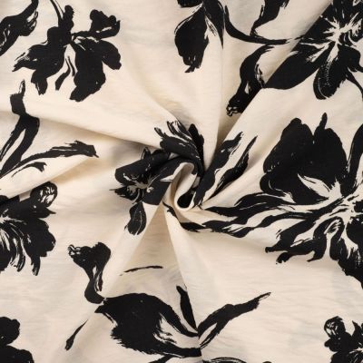 Tissu Viscose texturé Fleurs noires sur fond Ecru - Par 10 cm