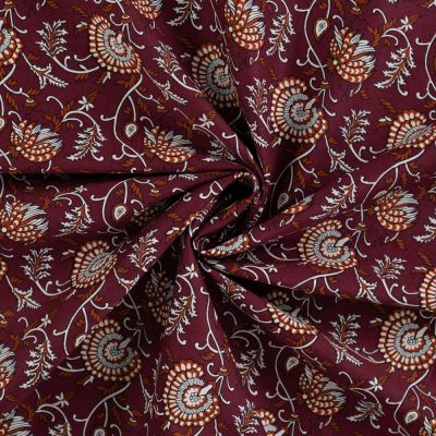 Tissu Voile de Coton Amélia Fleurs bohèmes sur fond Bordeaux foncé - Par 10 cm