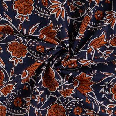 Tissu Voile de Coton Clara Fleurs bohèmes Rouges sur fond Bleu nuit - Par 10 cm