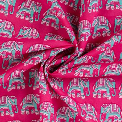 Tissu Voile de Coton Eléphant turquoise sur fond Rose fuchsia - Par 10 cm