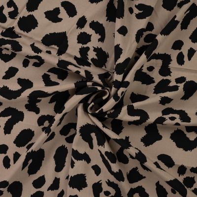 Tissu Viscose imprimé Léopard noir intense sur fond Beige sable - Par 10 cm