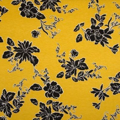Tissu Jersey Viscose imprimé  Fleurs noires sur fond Jaune - Par 10 cm