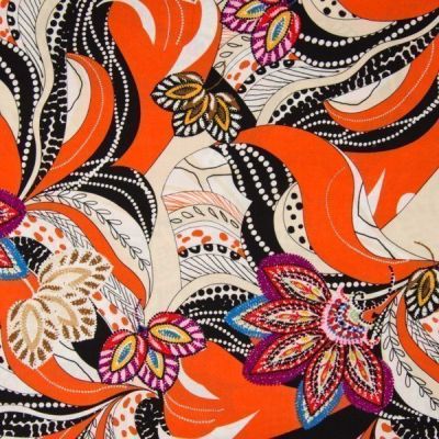 Tissu Viscose Fleurs multicolores et motifs abstraits noir et blanc sur fond Orange - Par 10 cm