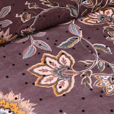 Tissu Mousseline Fleurs et pois en relief velours sur fond Marron - Par 10 cm