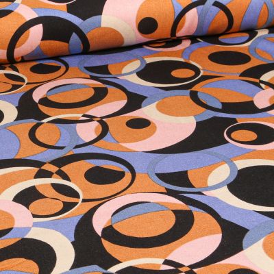 Tissu Viscose Twill extensible  Cercles abstraits orange sur fond Noir - Par 10 cm