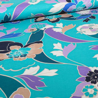 Tissu Jersey Viscose  Angoustia sur fond Bleu turquoise - Par 10 cm