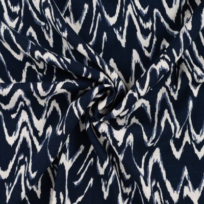 Tissu Viscose aspect Lin Waves blanc sur fond Bleu marine - Par 10 cm