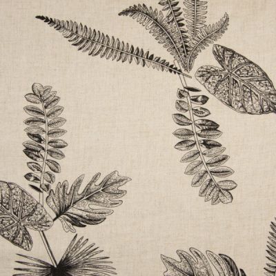 Tissu Lin Viscose lavé Feuilles diverses sur fond Beige chiné - Par 10 cm