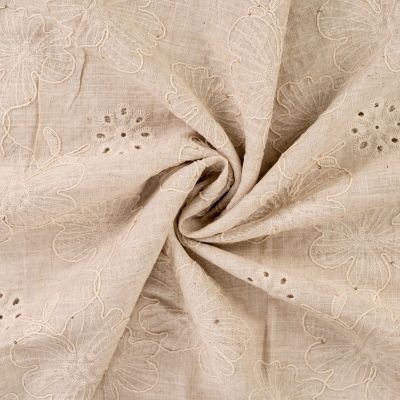Tissu Lin Viscose fleurs brodées et ajourées sur fond Beige chiné - Par 10 cm