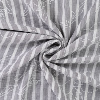 Tissu Aspect Lin rayures et fleurs sur fond Gris - Par 10 cm