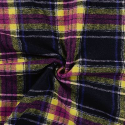 Tissu Laine mélangé à carreaux jaunes et roses sur fond Noir - Par 10 cm