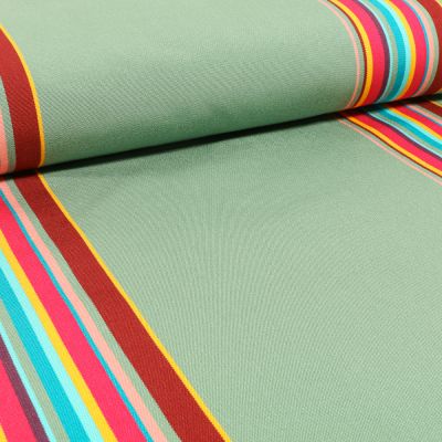Tissu Toile Transat Rayures vitaminés sur fond Vert menthe - Par 10 cm