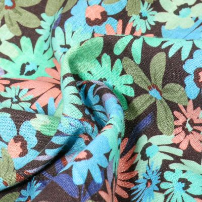 Tissu Viscose Lin imprimé Fleurs bleues sur fond Gris anthracite - Par 10 cm