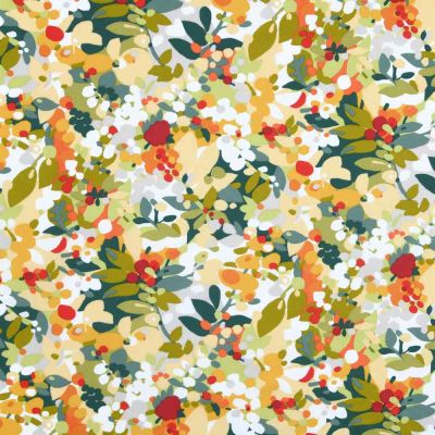 Tissu Toile de Polycoton  Champs Fleuris Eté sur fond Blanc - Par 10 cm