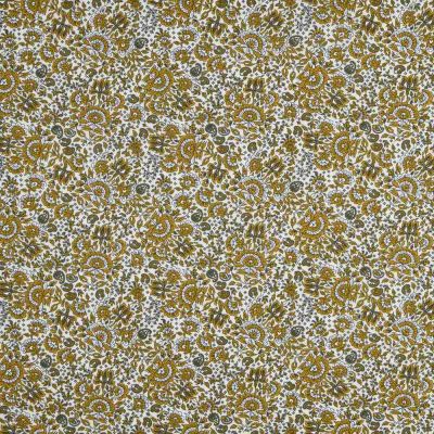 Tissu  Coton imprimé fleuri kaki Bloss sur fond Ivoire - Par 10 cm