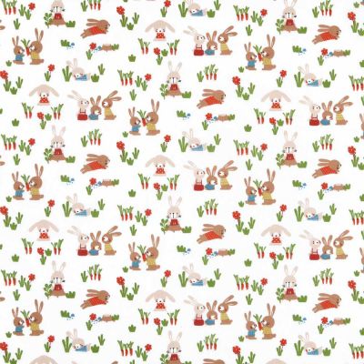 Tissu Coton imprimé Lapin Bunnie sur fond Blanc - Par 10 cm